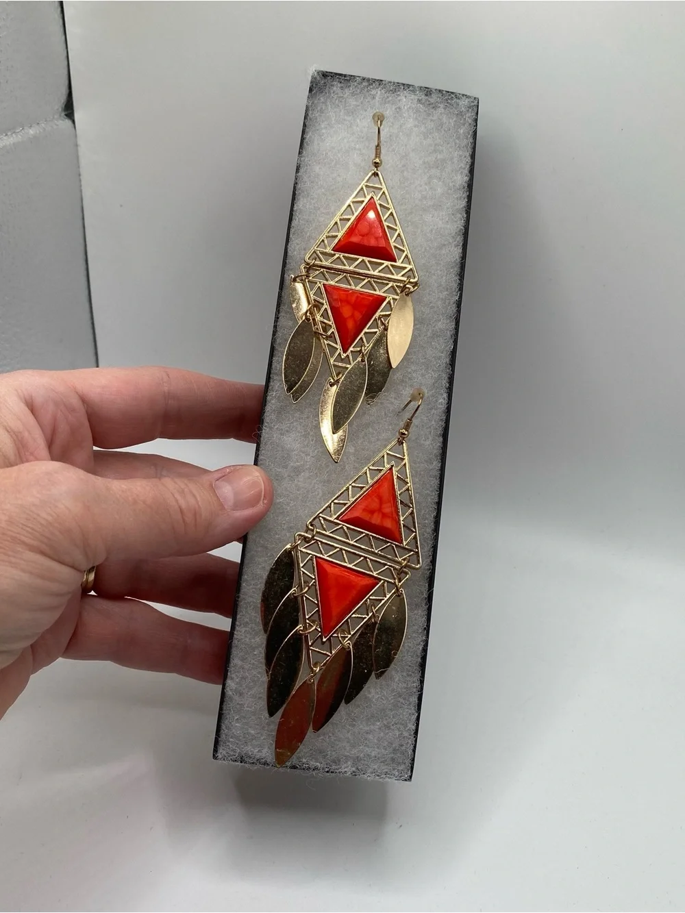 Bohemian Gold-Tone Red Triangle Dangle Earrings